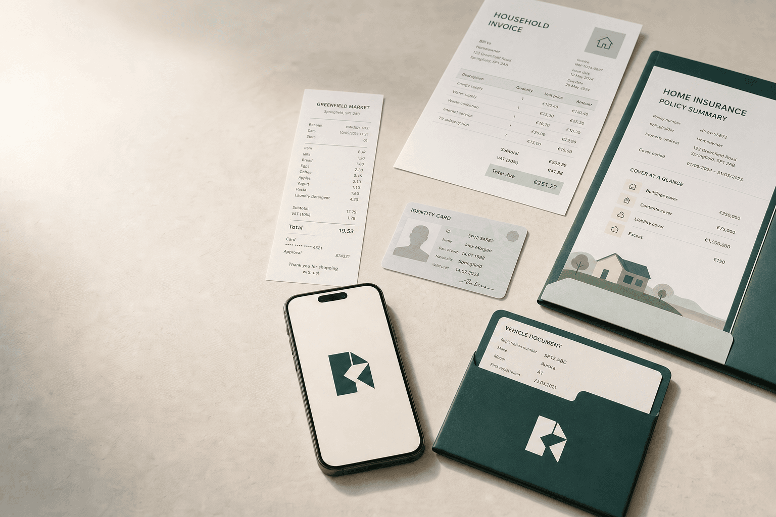 A Kipa phone beside a receipt, identity card, invoice, insurance policy, vehicle record, and organised document folders