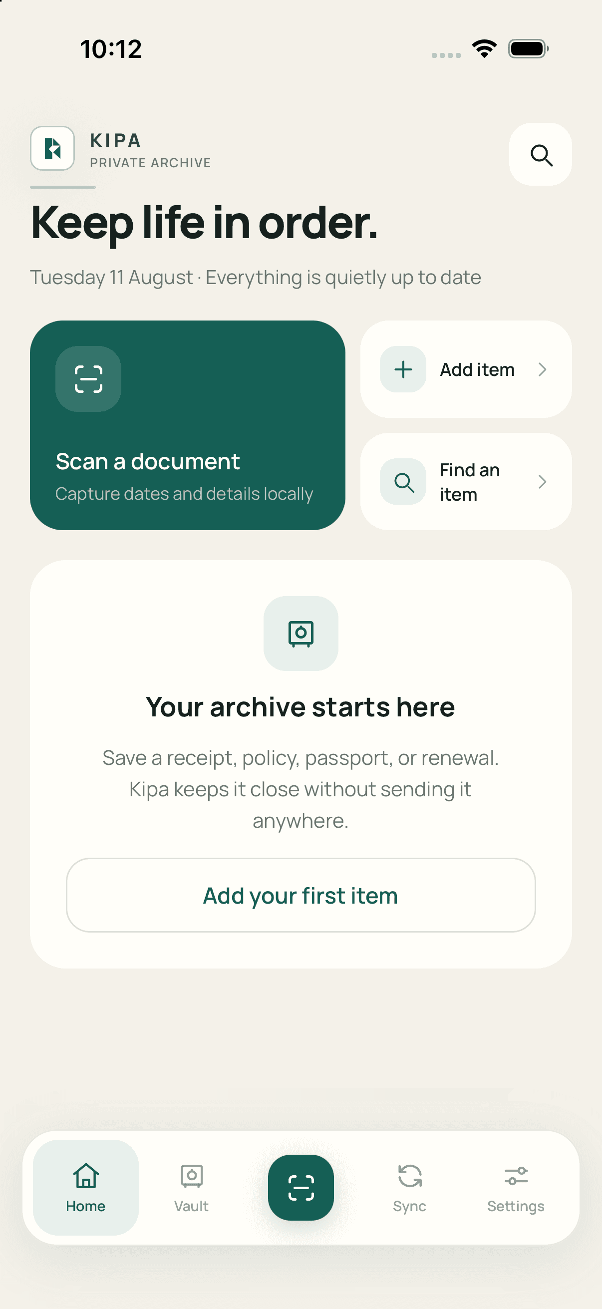 Kipa home screen showing scan, add, and search actions above an empty private archive